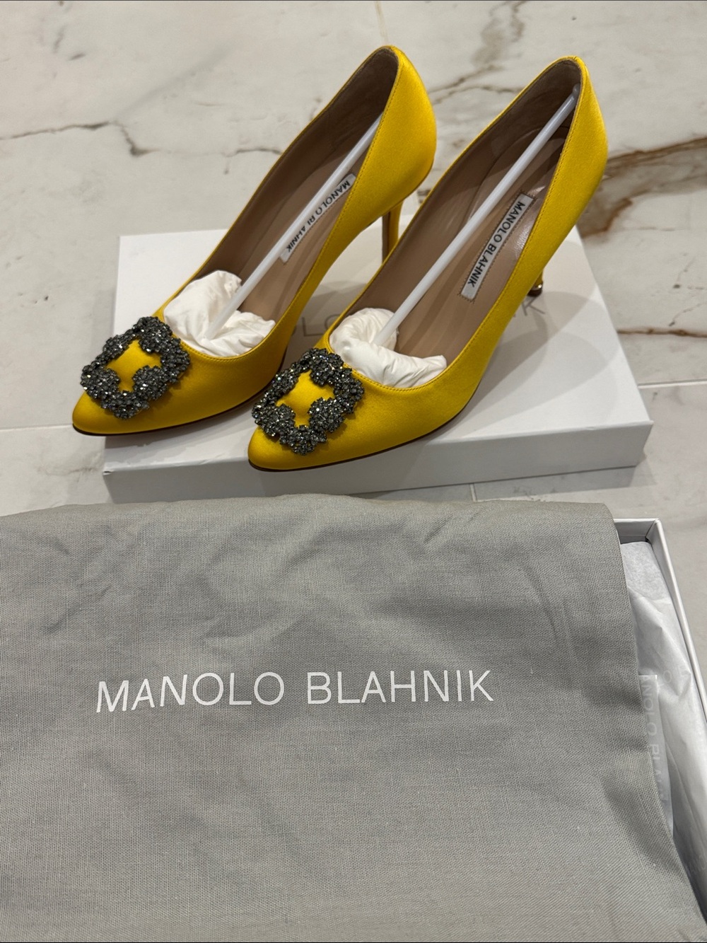 Manolo Blahnik Yellow Satin Pointed-Toe Pumps with Crystal Buckles